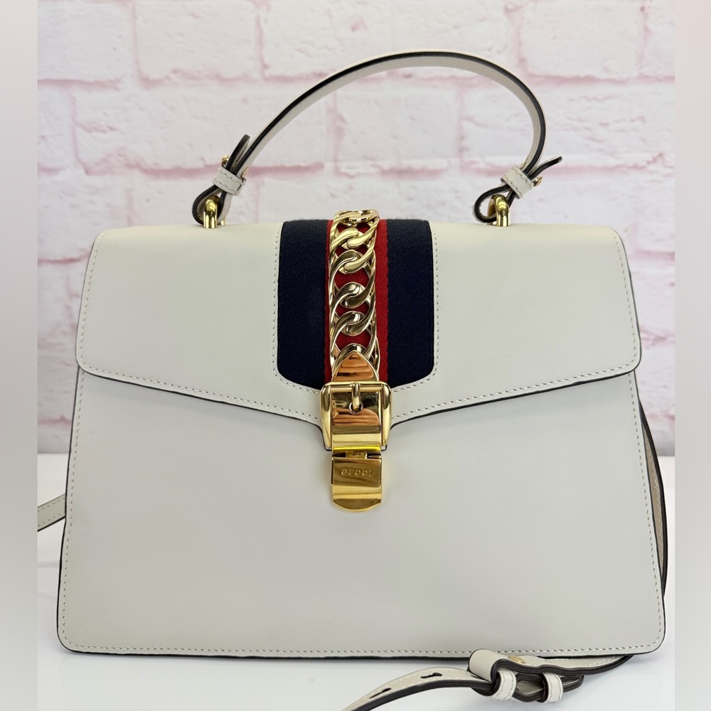 Gucci Sylvie Top Handle Web Chain White Leather Bag Medium - Picture 1 of 16